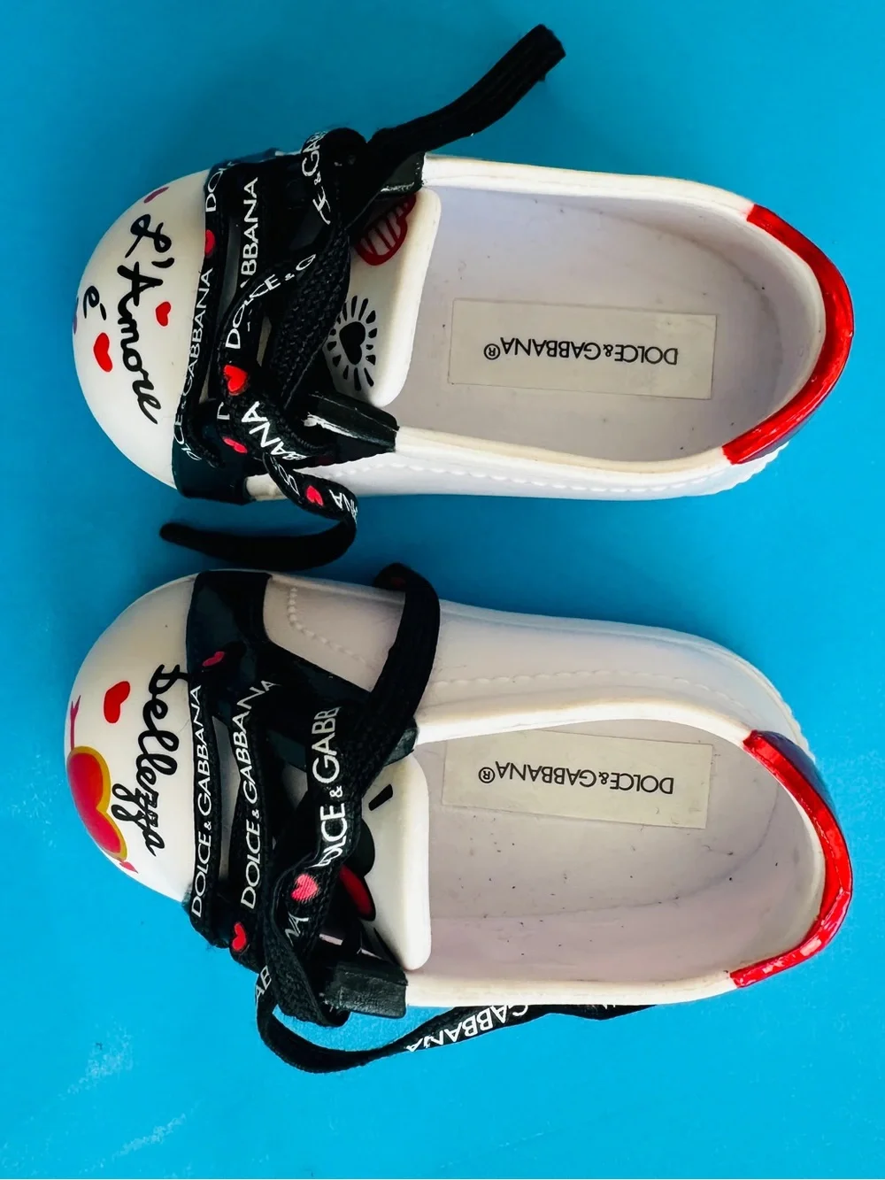 Dolce & Gabbana Doll White Sneakers with Black Laces and Red Heart Accents